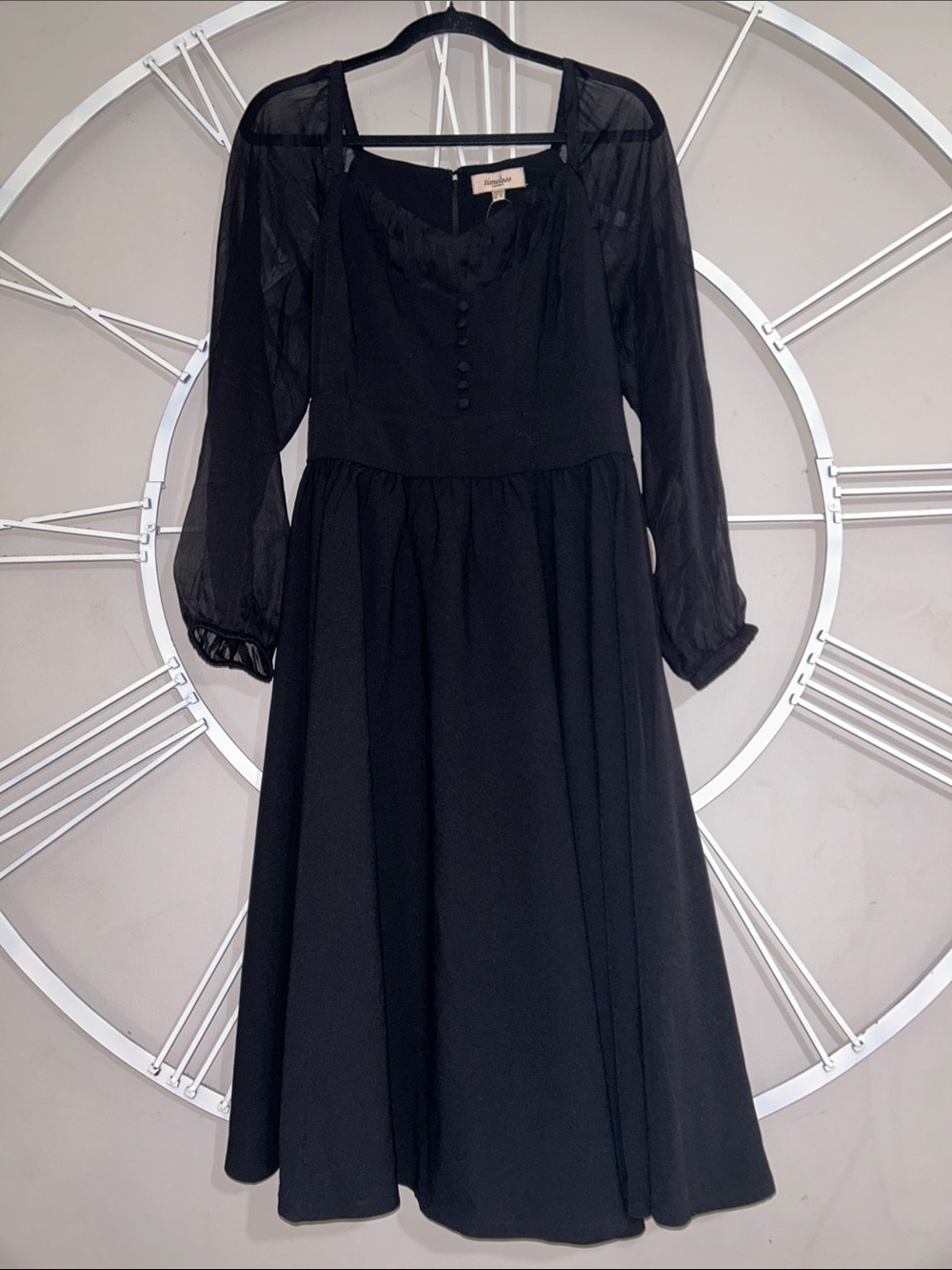 NWT Timeless London Dior Dress Black Midi Dress with Sheer Long Sleeves